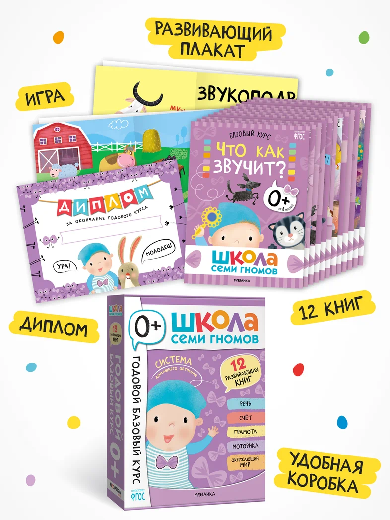 Превью Годовой базовый курс. Комплект 0+ (Школа Семи Гномов. Базовый курс), 12 книг + развивающие материалы 1
